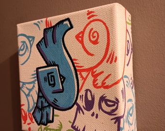 JOS-L Original Hand Painted 4" x 4" Mini Box Canvas Art  Painting Pop Abstract Outsider Graffiti Surreal Lowbrow Bird Skull