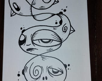 JOS-L Original Hand Painted 5" x 7" Canvas Board Art  Painting Pop Abstract Outsider Graffiti Surreal Lowbrow Bird Skull