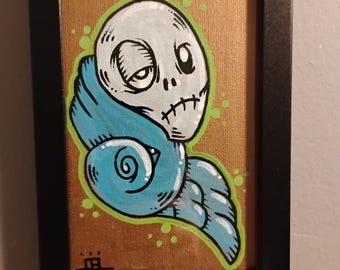 JOS-L Original Hand Painted Bird Skull Art 4"x6" Canvas Board Framed- Pop Surrealism Painting