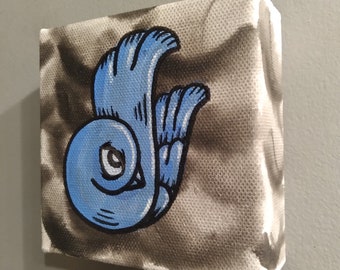 JOS-L Original Hand Painted Bird 4" x 4" Mini Box Canvas Art  Painting Pop Abstract Outsider Graffiti Surreal Lowbrow