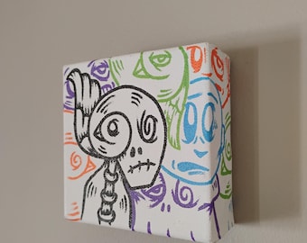 JOS-L Original Hand Painted 4" x 4" Mini Box Canvas Art  Painting Pop Abstract Outsider Graffiti Surreal Lowbrow Bird Skull
