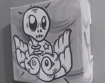 JOS-L Original Hand Painted Skull Bird 4" x 4" Mini Box Canvas Art  Painting Pop Abstract Outsider Graffiti Surreal Lowbrow