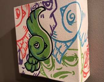 Hand Painted 4" x 4" Mini Canvas Art: Bird Skull Graffiti Pop Surreal by JOS-L