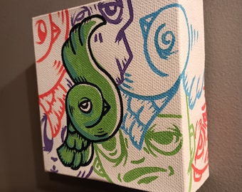 JOS-L Original Hand Painted 4" x 4" Mini Box Canvas Art  Painting Pop Abstract Outsider Graffiti Surreal Lowbrow Bird Skull