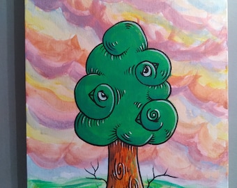 JOS-L  Original Art  11" x 14"  Canvas Painting Pop Abstract Graffiti Surreal Bird Tree Lowbrow Outsider Illustration