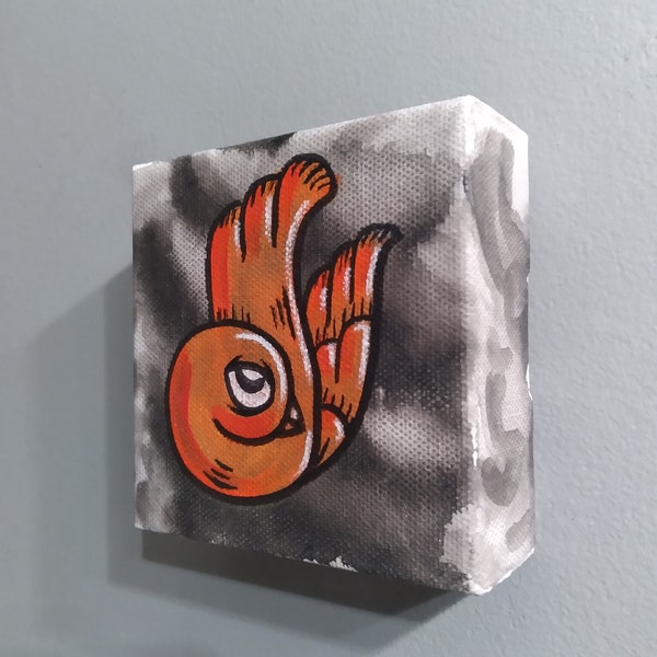 JOS-L Original Hand Painted Bird 4" x 4" Mini Box Canvas Art  Painting Pop Abstract Outsider Graffiti Surreal Lowbrow