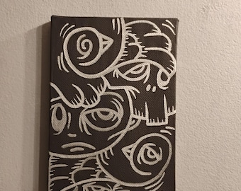 JOS-L Original Hand Painted 4" x 6" Mini Canvas Art  Painting Pop Abstract Outsider Graffiti Surreal Lowbrow Bird Skull
