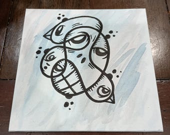 JOS-L Original Hand Painted 6" x 6" Canvas Board Art  Painting Pop Abstract Outsider Graffiti Surreal Lowbrow Bird Skull