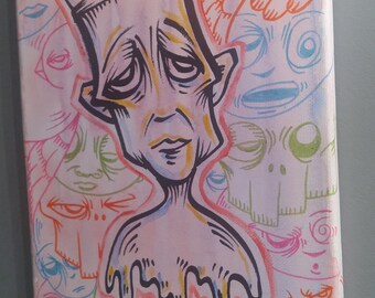 JOS-L  Original Art  8" x 10"  Canvas Painting Pop Abstract Graffiti Surreal Face Lowbrow Outsider Illustration