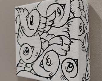 JOS-L Original Hand Painted 4" x 4" Mini Box Canvas Art  Painting Pop Abstract Outsider Graffiti Surreal Lowbrow Bird Skull
