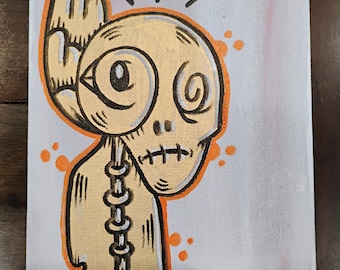 JOS-L Original Hand Painted 5" x 7" Canvas Board Art  Painting Pop Abstract Outsider Graffiti Surreal Lowbrow Bird Skull