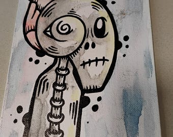 Original Bird Skull Painting, Pop Surreal Graffiti Art (5x7 Canvas Board) by JOS-L