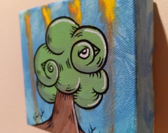 JOS-L Original Hand Painted Tree Bird 4" x 4" Mini Box Canvas Art  Painting Pop Abstract Outsider Graffiti Surreal Lowbrow
