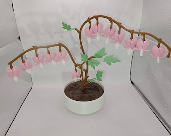 May include: A pink bleeding heart flower plant in a white pot with brown soil. The plant has multiple stems with pink flowers and green leaves.