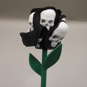 May include: A black rose with white skull details, the rose is on a green stem with two leaves.