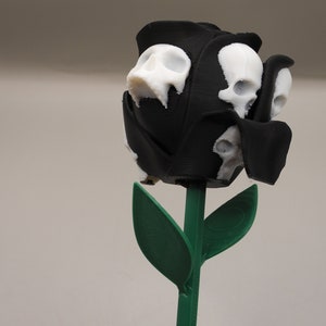 May include: A black rose with white skull details, the rose is on a green stem with two leaves.