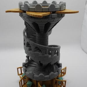 May include: A gray and brown 3D printed tower with a spiral staircase and compartments for dice. The tower has a gray stone design and a brown wooden base.
