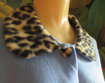 Large 1950s Vintage Blue Robe with Lopard Trim Collar Cuffs and Buttons La Mar Frocks 40 Bust Pin Up Burlesque Viva Las Vegas