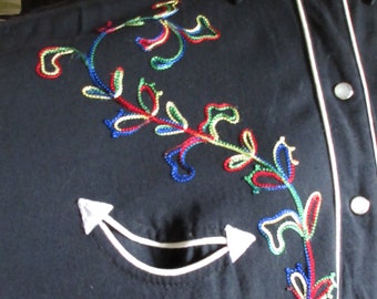 1950s Vintage Black Rayon Western Shirt with Rainbow Chain Stitch Embroidery California Ranchwear Los Angeles