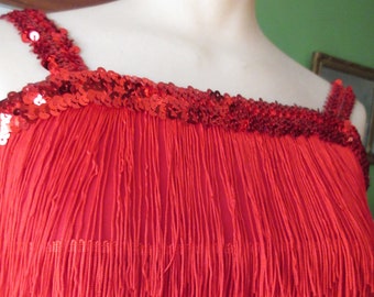 1990s does 1920s Red Flapper Dress Polyester Jersey Long Fringe Sequined Straps Pin Up Rockabilly Viva Las Vegas Halloween