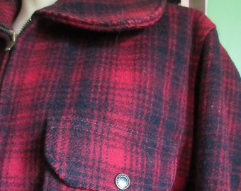 1950s Red Black Buffalo Hunting Plaid Check Wool Jacket Front Zip Woolrich 543 Medium 38 Chest Vintage Flnnel Lined