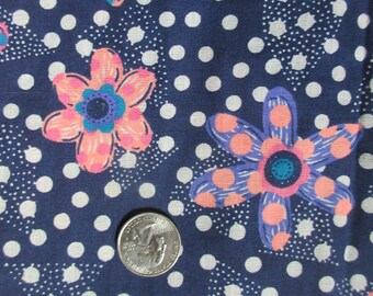 Vintage 1980s Cotton Dacron Blend Hot Pink Flowers White Polka Dots on Navy Fabric 2 Yards