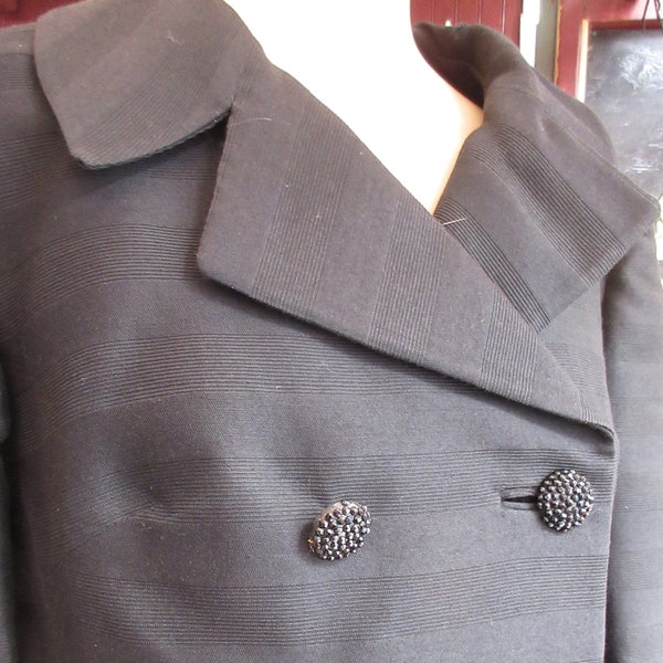 Medium 36 Bust Vintage 1960s Boxy Black Cropped Bolero Rayon Jacket Rhinetone Buttons Pin Up Rockabilly Viva Las Vegas