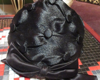 1950s Unique Black Rayon and Satin Facinator Perching Hat Black Button Details and Satin Bow Pin Up Rockabilly