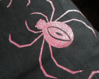 Vintage 1990s Sheer Black Cotton Dacron Blend Fabric Pink Glitter Spiders Print Halloween Fabric 3 and 1/2 Yard Piece
