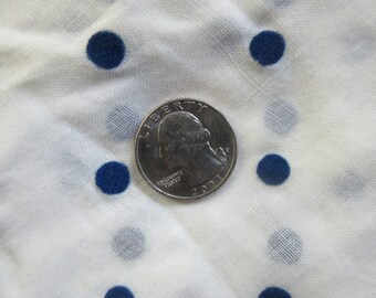 Vintage 1940s Sheer White Cotton Flocked Navy Blue Dots Fabric 5 Yard Continuous Piece