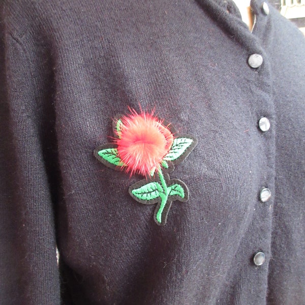 1960s Black Acrylic Cardigan Red Angora Rose Detail Sweater Retro Vintage 42 Bust Large Size Rockabilly Viva Las Vegas