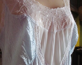 Small 1940s Miss Siren Baby Blue Seersucker Cotton and Lace Nightgown Vintage 34 Inch Bust Pin Up Burlesque Viva Las Vegas