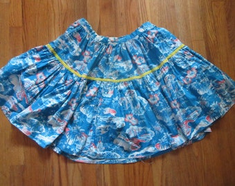 Plus Size 32 Waist 1990s Retro 1950s Homesewn Full Cotton Skirt Hawaiian Print Blue Ocean Pink Hula Ladies