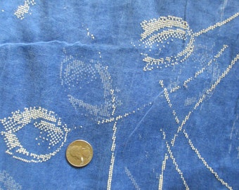 Vintage 1940s Sheer Blue Cotton with White Flocked Tulips Fabric 3 Yard ContinuousPiece