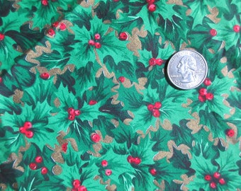 Vintage 1980s Green Holly Gold Paint Accents Cotton Holiday Fabric A VIP Screen Print from Cranston Print Works 1/2 Yard