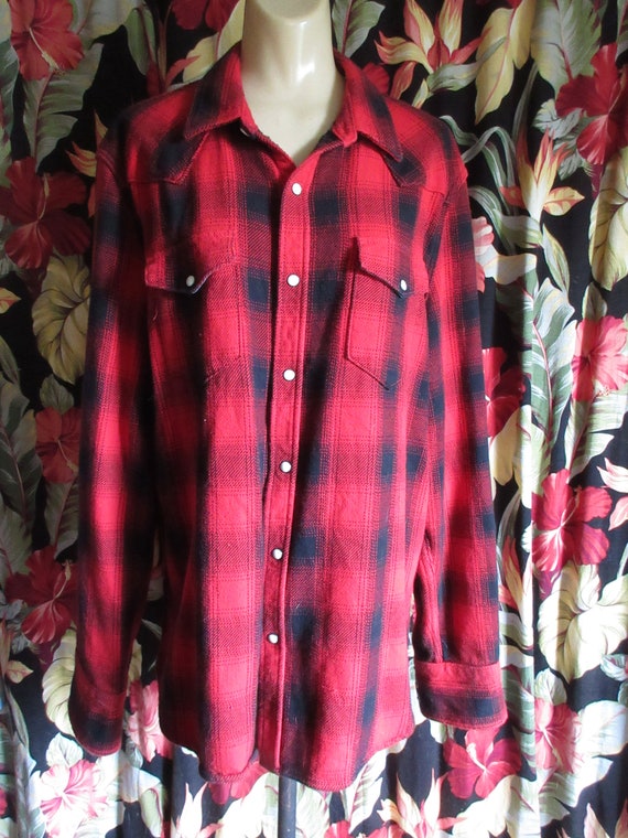 1990s Red and Black Plaid Flannel Western Shirt R… - image 2