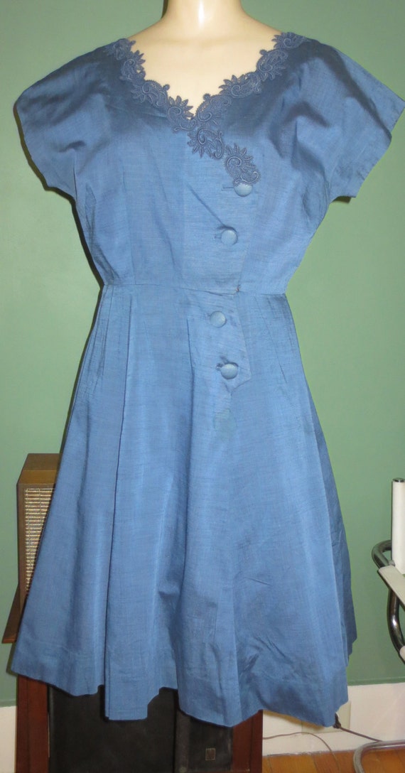 Medium 28 Waist 1950s Vintage Blue Cotton Cocktai… - image 2