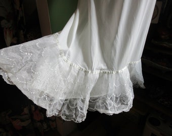 Medium 1960s Vintage White Nylon Half Slip with Wide LEmbroidered Lace Hem Crinoline Burlesque Pin Up Swing Dance Up to a 34 Inch Waist