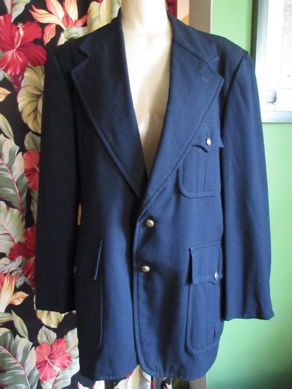 1960s Navy Blue Gaberdine Military Styled Coat Brass … Gem