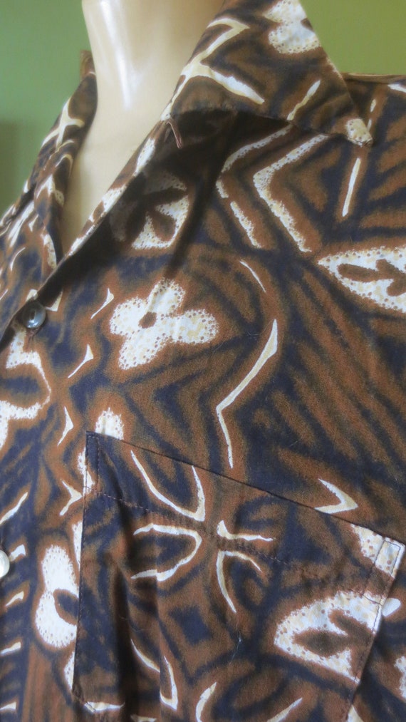 1960s Brown Tiki Tribal Print Cotton Hawaiian Shir