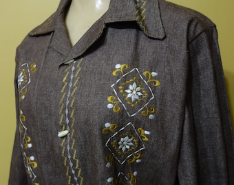 Vintage Western Wear Small 36 Bust 1960s Vintage Brown Denim Embroidered Mexican Jacket Swanky Belted Style Unique Buttons