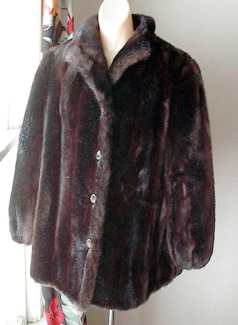 Vintage 1960s Tissavel France Faux Fake Fur Dark Brown Mink Button Up Coat Vintage Medium Large Size Bust 38 Inches Pin Up Rockabilly image 4