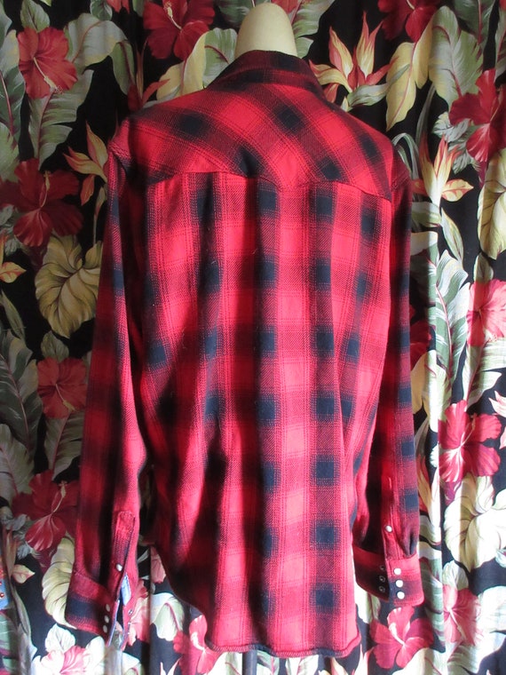 1990s Red and Black Plaid Flannel Western Shirt R… - image 4