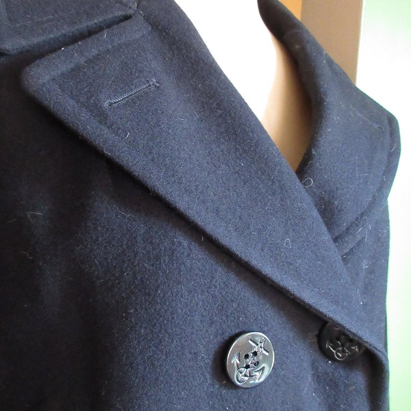 1960s Authentic Military Issue 14S Vintage Navy Pea Coat Small Melton Wool Lined in Heavy Satin Small 40 Chest Bust Unisex