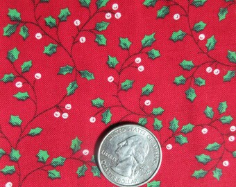 Vintage 1980s Cotton Green Holly White Berries on Deep Red Background Christmes Holiday Fabric 2 Yards