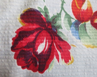 Vintage 1990s does 1950s Seersucker Floral Cotton Red Rose Print Fabric 6 Yard Continuous Piece One Way Design