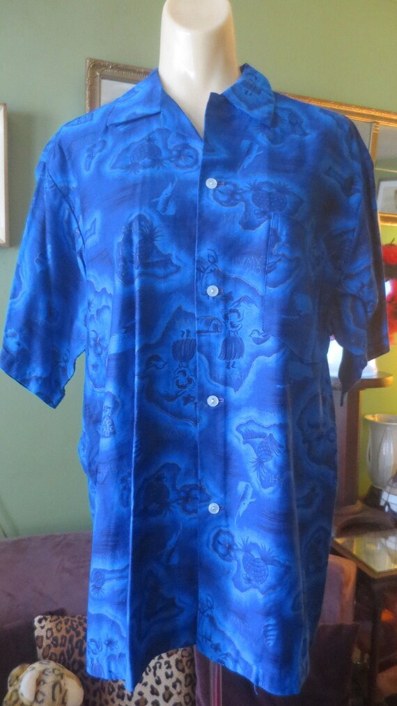 1960s Blue Cotton Made in Hawaii Island Print Hula Gi… Gem