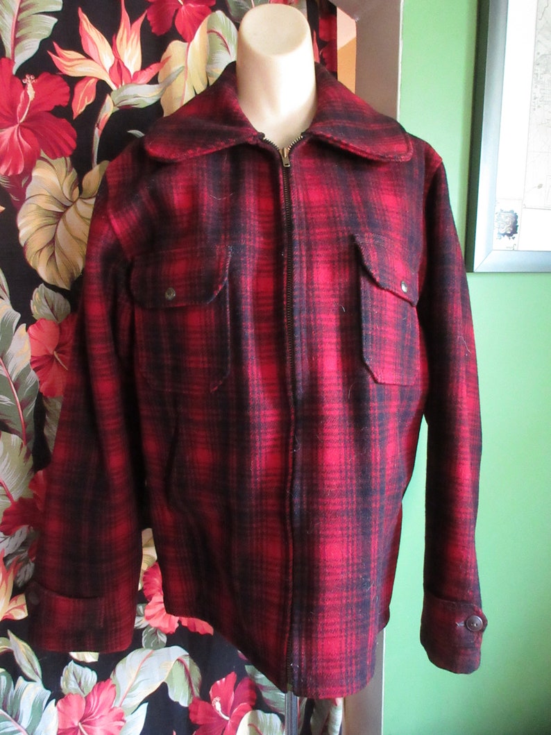 1950s Red Black Buffalo Hunting Plaid Check Wool Jacket Front - Etsy
