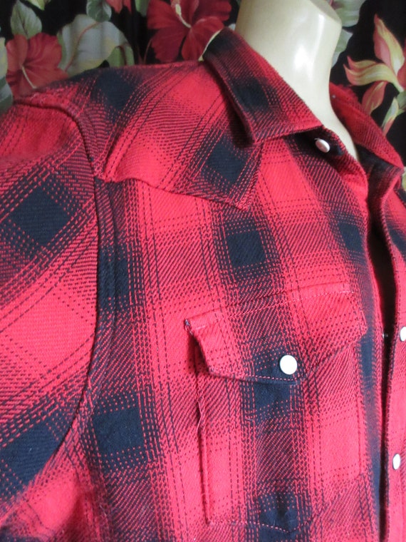 1990s Red and Black Plaid Flannel Western Shirt R… - image 1