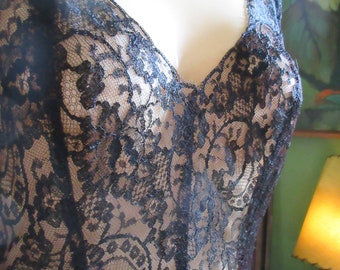 Medium 1940s Black Acetate Rayon and Lace Nightgown by Laros Slim Sexy Gothic Girl 36 Inch Bust Pin Up Burlesque Viva Las Vegas